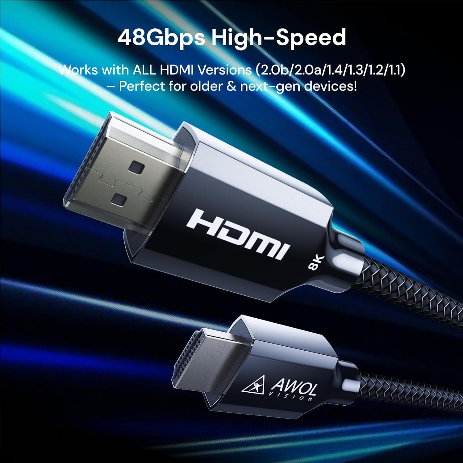 AWOL Vision  Ultra High Speed HDMI 2.1 Cable 6.6ft, 48Gbps 8K@60Hz, 4K@120Hz, 2K@144Hz, Certified for PS5/Xbox/TV/PC/Projector