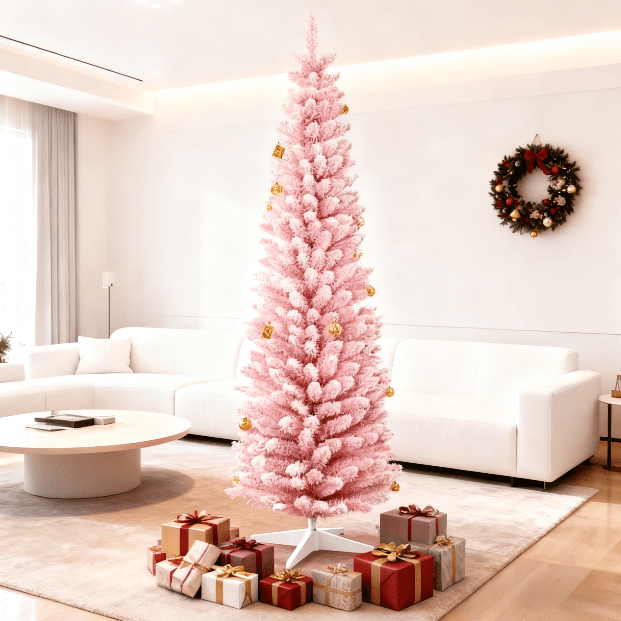 7ft Unlit Pink Snow Flocked Pencil Christmas Tree 499 Tips Flame Retardant Small Space Decor