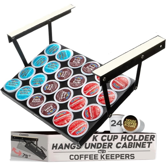 Under Cabinet K-Cup Holder for 24 Pods | Keurig Pod Organizer | RV Car Coffee Maker Storage | Space-Saving Pull-Down Container with Adhesive & Screws - Steel 13x10 BLACK