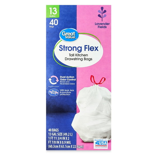 Great Value Strong Flex 13Gallon Drawstring Tall Kitchen Trash Bags