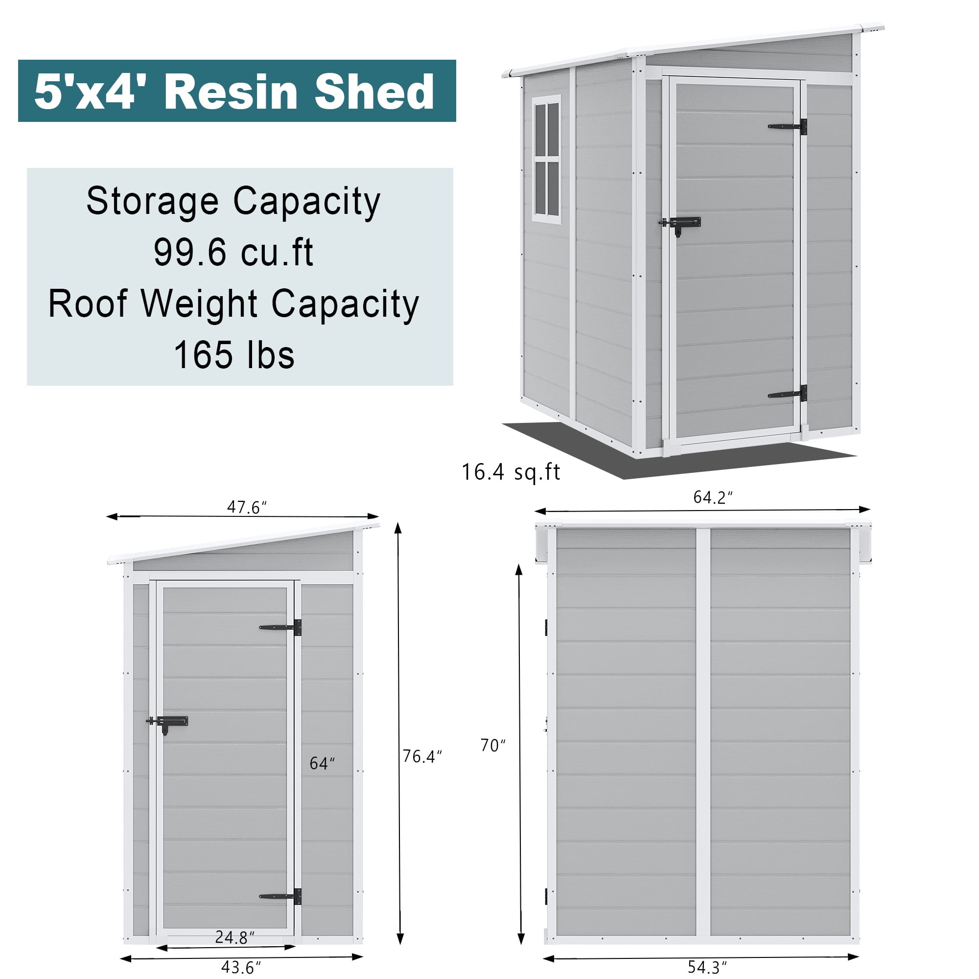 Seizeen Plastic Lean-to Shed with Floor, 5 x 4FT Sloped Top Outdoor Storage Shed, Quick Assembly Resin Shed with Window, All-Weather Garden Tool Shed Lockable