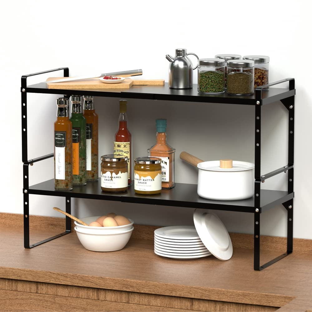 SANNO Expandable Counter Organizer, Stackable Cupboard Organizer Shelf Rack,Large Counter Shelf Organizer Cupboard, Cabinet Organization Shelf Black, 16" to 27"L x 8"W, 2 pack