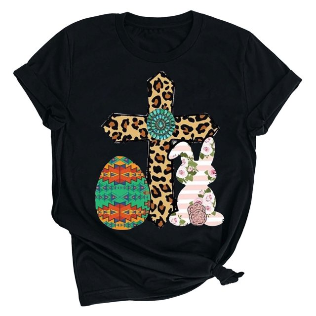 RKSTN Womens Tops 2024 Easter Eggs Printing Short Sleeve Crew Neck Tops Fashion Solid Color Soft Loose Plus Size Blouse Tops
