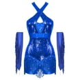 thumbnail image 1 of Alvivi Robe de Danse Jazz Lyrique pour Femmes avec Franges, Robe de Bal à Paillettes, Justaucorps avec Gants, Costume de Concert Bleu Royal, 1 of 7