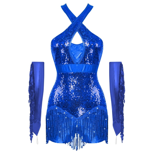 Alvivi Robe de Danse Jazz Lyrique pour Femmes avec Franges, Robe de Bal à Paillettes, Justaucorps avec Gants, Costume de Concert Bleu Royal