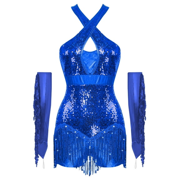 Yartina Fringe Sequin Tassel Latin Dress for Women Tango Salsa Stage Ballroom Dance Leotard with Gloves Set Royal Blue M