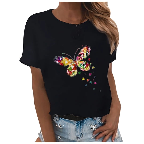 Gibobby Playera de Manga Corta con Cuello Redondo Mujer Top Butterfly imprimir O cuello manga corta Casual Blose(Negro,G)