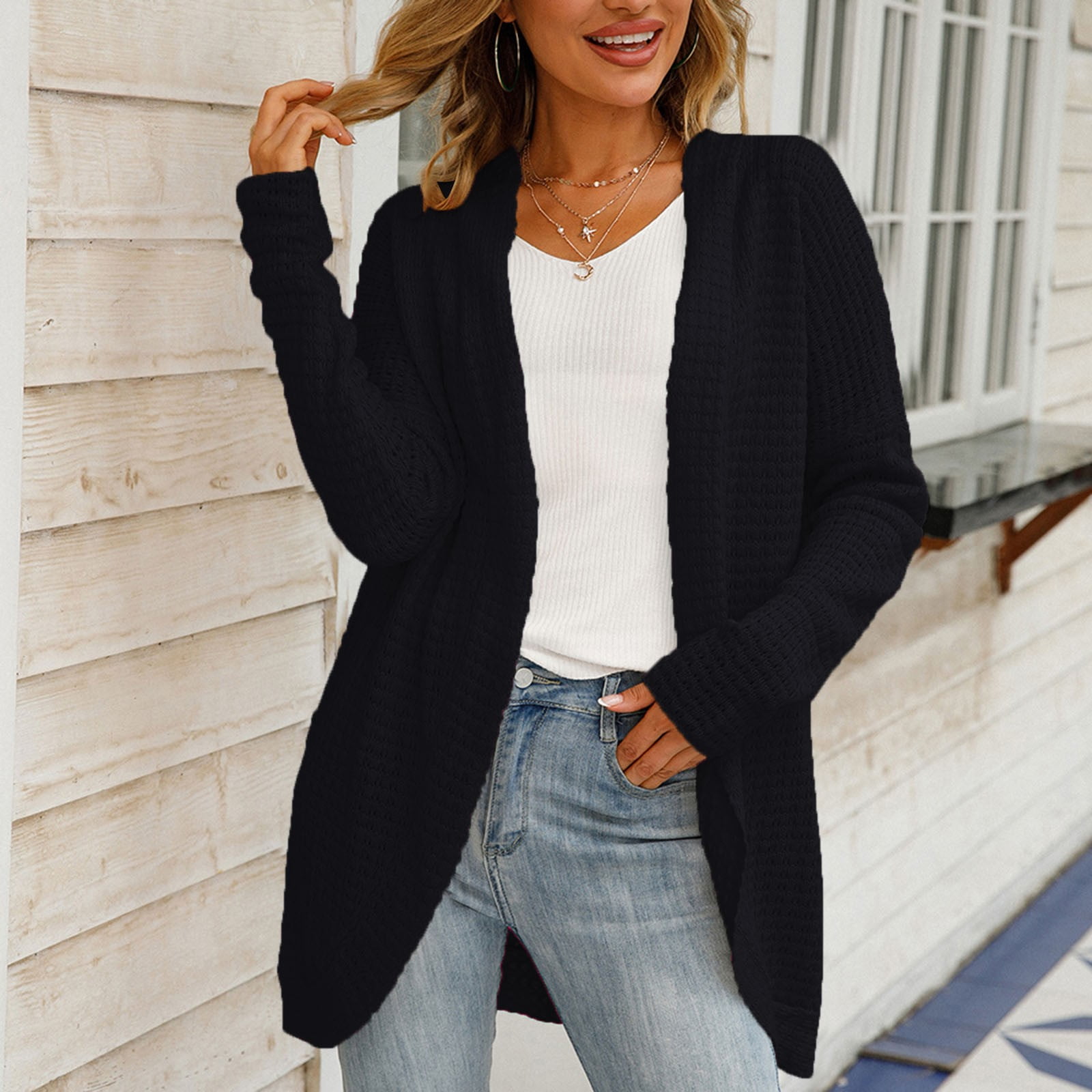 Attachment long-sleeved buttoned cardigan - Black