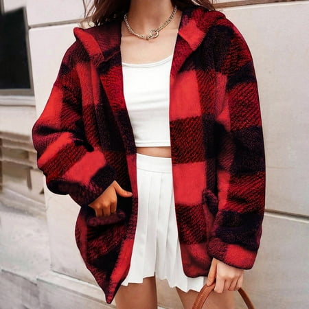 SDNall Women s Warm Winter Hooded Plaid Coat - Long Sleeve Double Faced Comfortable Hood
