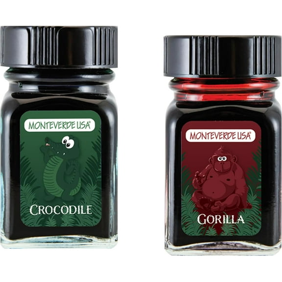 Monteverde 60ml Ink, Crocodile (Green), Gorilla (Red) Jungle Ink (G309CR, G309GO) Fountain Pen Ink (30ml Each Ink Bottle, 2 Pack)