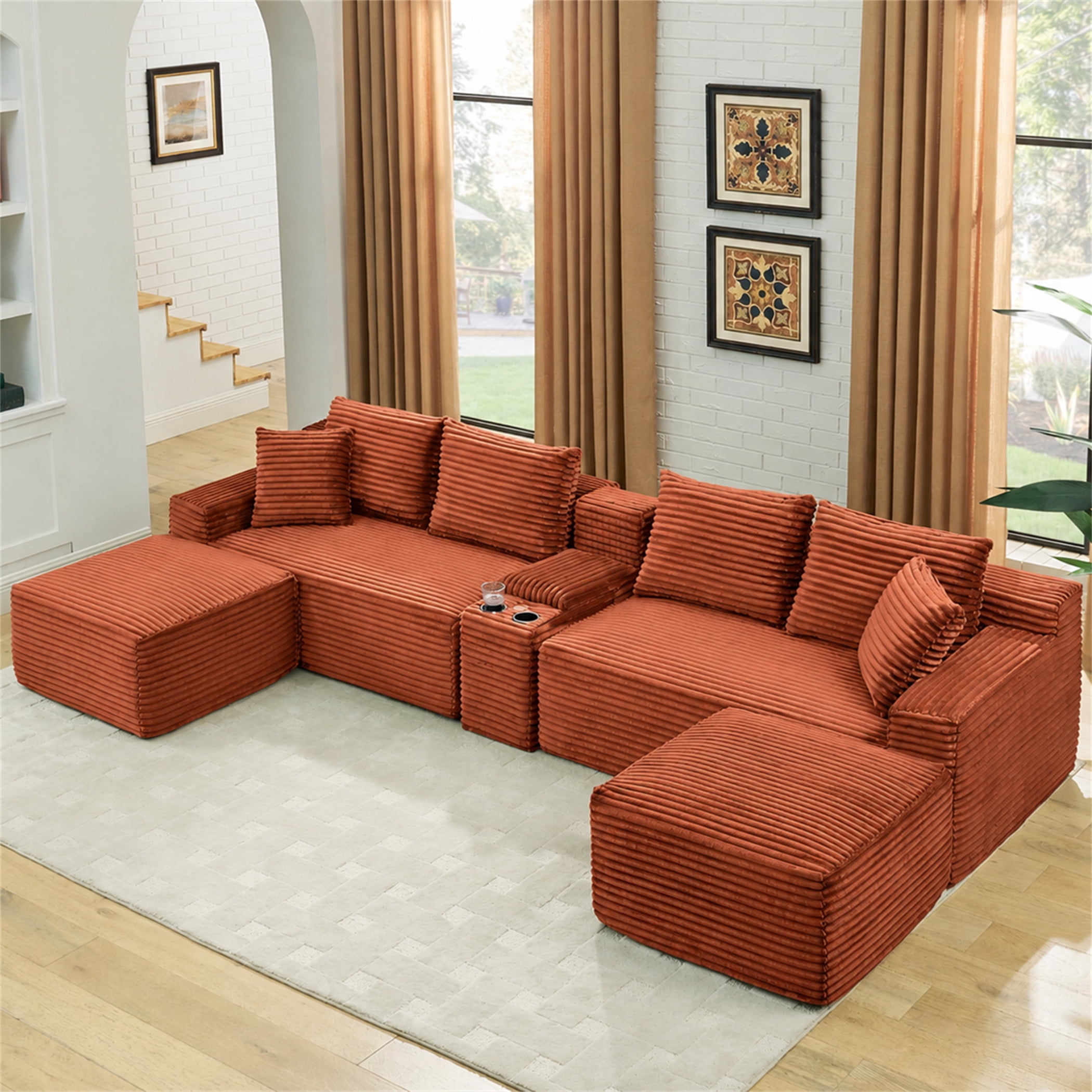 Aukfa 127" U Shaped Cloud Sectional Sofa Modular Boneless Couch with USB&Cupholdes Storage Console for Living Room, Corduroy, Orange