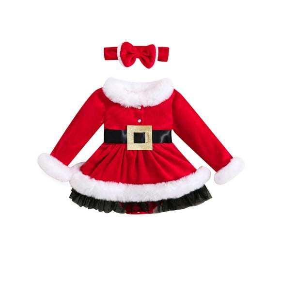 Gupgi Baby Girl Christmas Dress Long Sleeve Fur Trim Velvet Romper Dress + Headband 3-24Months