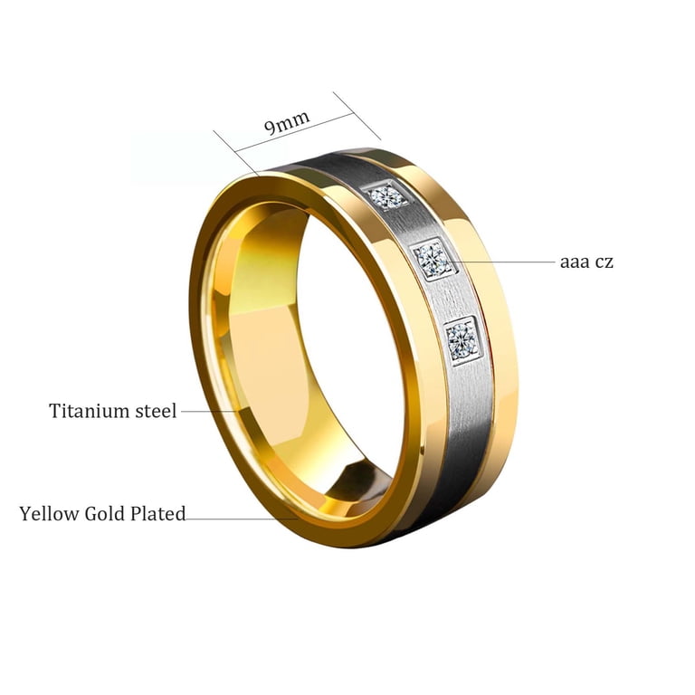 Yellow Gold Plated Matte 8mm AAA CZ Titanium Steel Mens Ring Men 