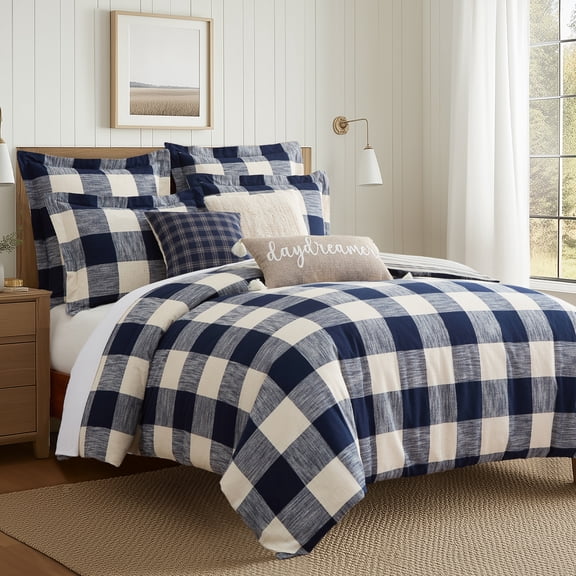 Levtex Home - Highland Plaid Comforter Set - Full/Queen Comforter (90x94in) and 2 Standard Shams (20x26in) - Oversized Plaid Design - Navy and White - Polyester Filled - Brushed Cotton - Reversible