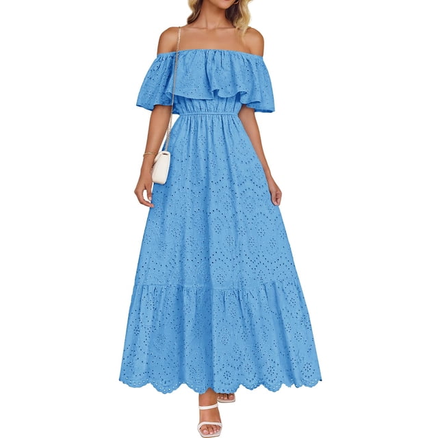 Vestido ZESICA para mujer 2025, verano, hombros descubiertos, volantes, azul
