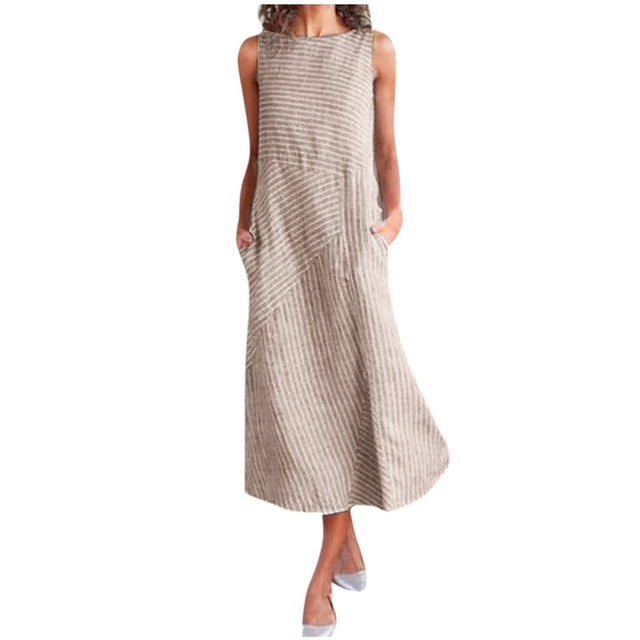 Kcodviy Robe Décontractée à Col, Robes Grande Taille pour Femmes, Rayée, Longue, Imprimée, avec Poche, à Manches Courtes, Robe de Plage pour Femmes, Sans Manches, Robe pour Femme