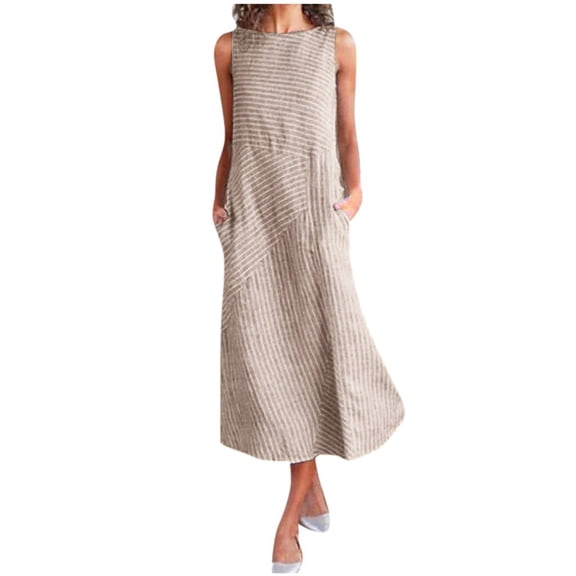 GHSOHS Womens Dresses Elegant Gauze Dress for Women Casual Neck Dress Striped Long Print Pocket Women Sleeveless Women's Dress Summer Party Dress Vacation Casual Dresses Wear to Work DressesKhak,XL