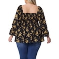 thumbnail image 3 of Agnes Orinda Women's Plus Size Floral Print Tops Smocked Peplum Blouses Square Neck Long Sleeve Casual Shirts 3X Black, 3 of 6