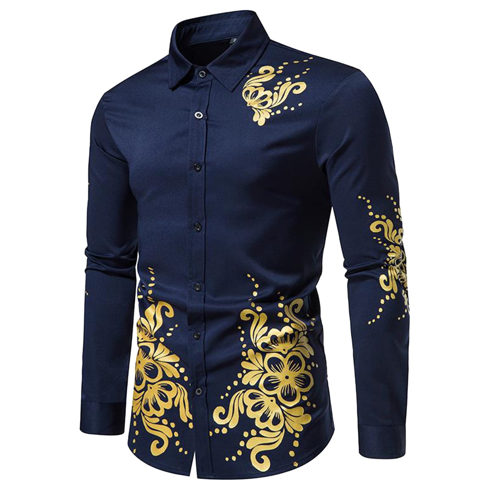 ZXHACSJ Fashion New European And American Fashion Flower Gilding Print  Men's Long Sleeve Shirt Black XL