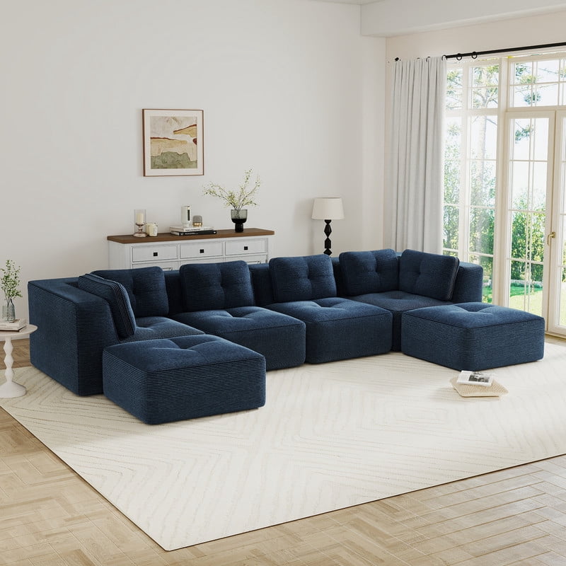FFH 152" U-Shaped Sectionals for Living Room, 4 Seater Cloud Sofa with Ottoman, No Assembly, Blue