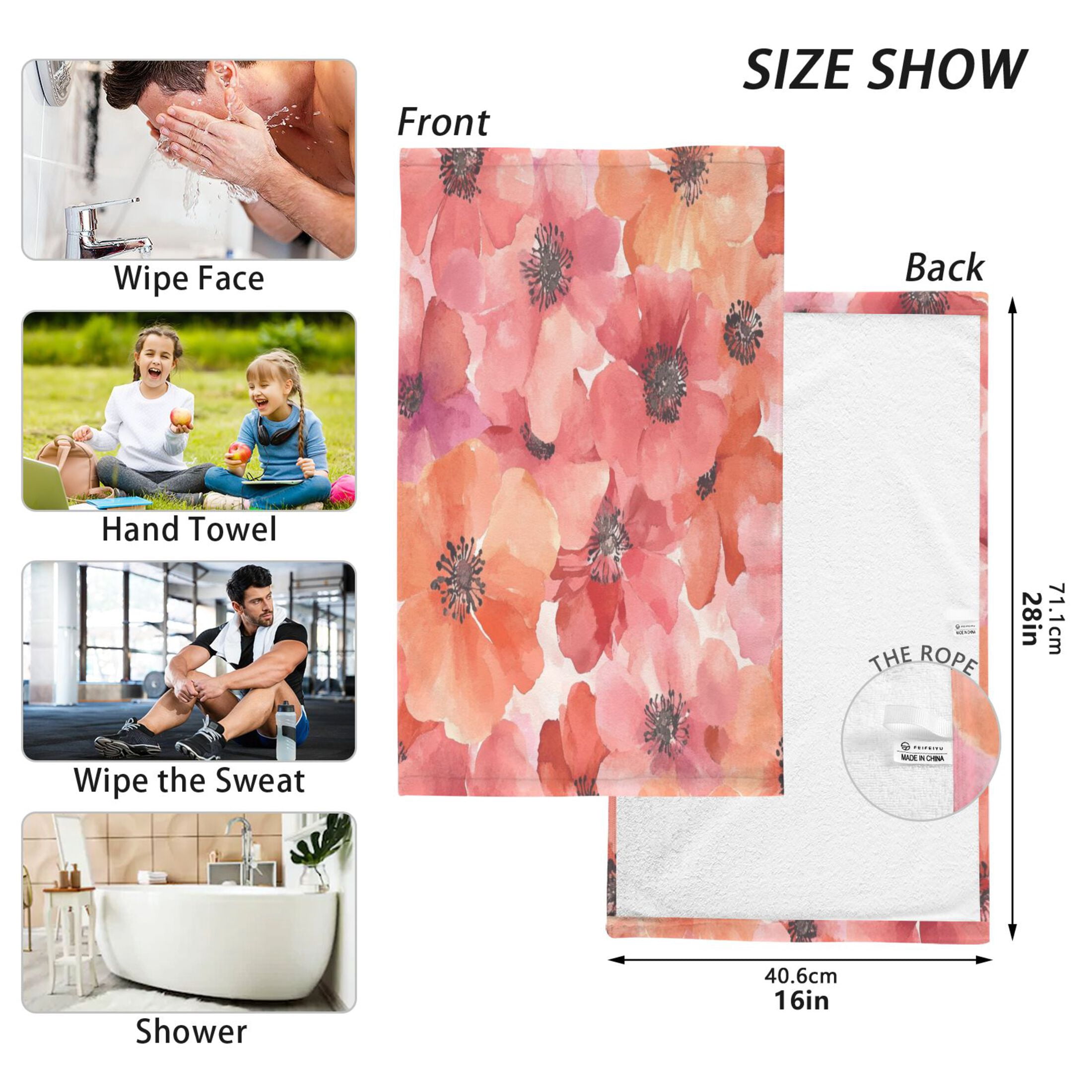 Cotton Towel Two-Piece 16x28 Inch One Sizex2 Face Towel Set Towel Set Cotton Hand Bath Towel Bathroom Beach Beautiful Red Flower