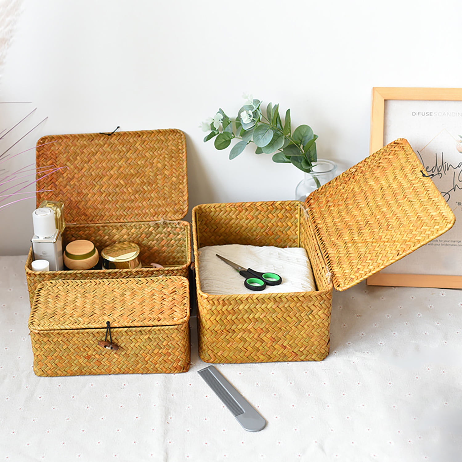 Asunby 3-Piece Wicker Storage Basket Set with Lids, Woven Rattan Baskets for Shelves, Stackable Seagrass Storage Bins for Laundry and Organization