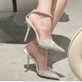 thumbnail image 1 of 2024 Rhinestone Color Pointy High Heels Women‘s Gradient Color Crystal Pumps Chain One-line Buckle Sandals Wedding Shoes FGS, 1 of 7
