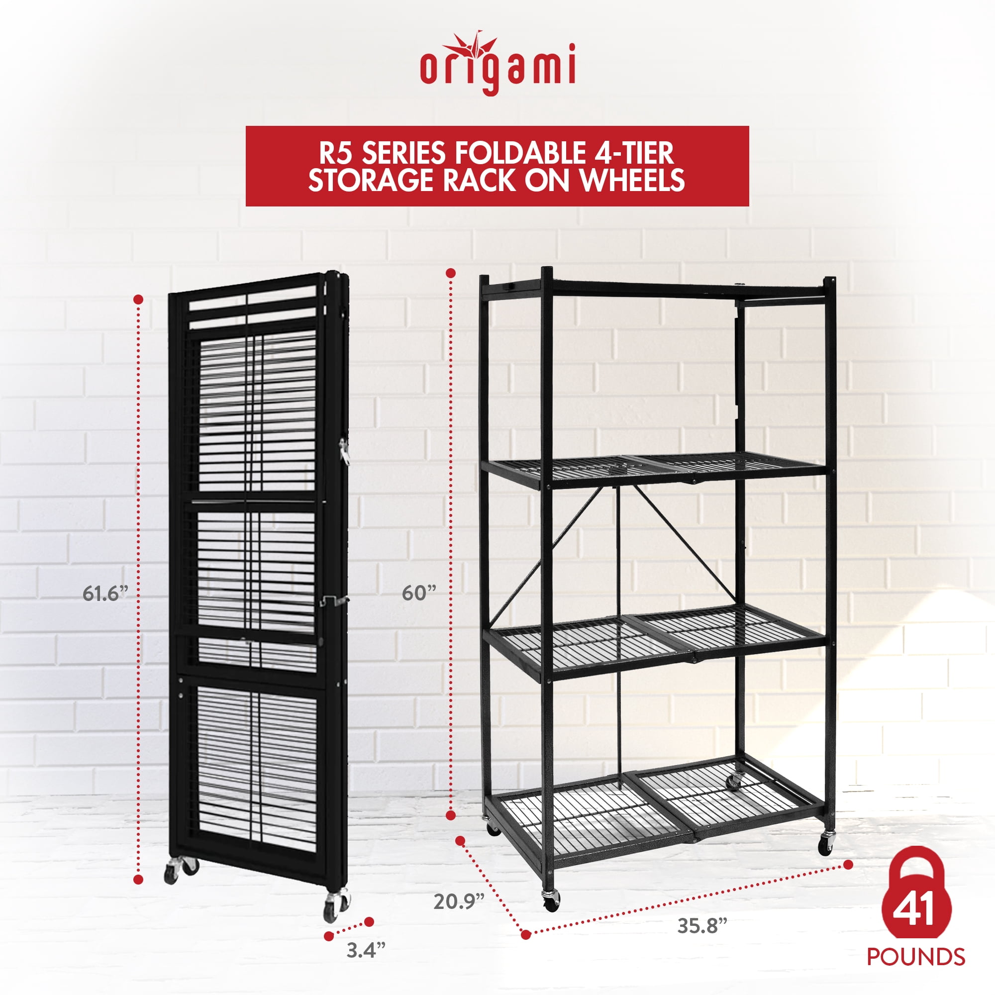Origami R5 4-Shelf Heavy-Duty Folding Metal Storage Rack Unit with Wheels, Black