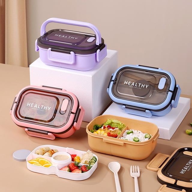 Fiambrera Portátil con Compartimento de Plástico Integrado, Diseño Multifuncional, Cierre con Hebilla, Cubiertos Incluidos, Gran Capacidad, Ideal para Picnic En La Oficina, 1200 Ml, 22,5 X 1