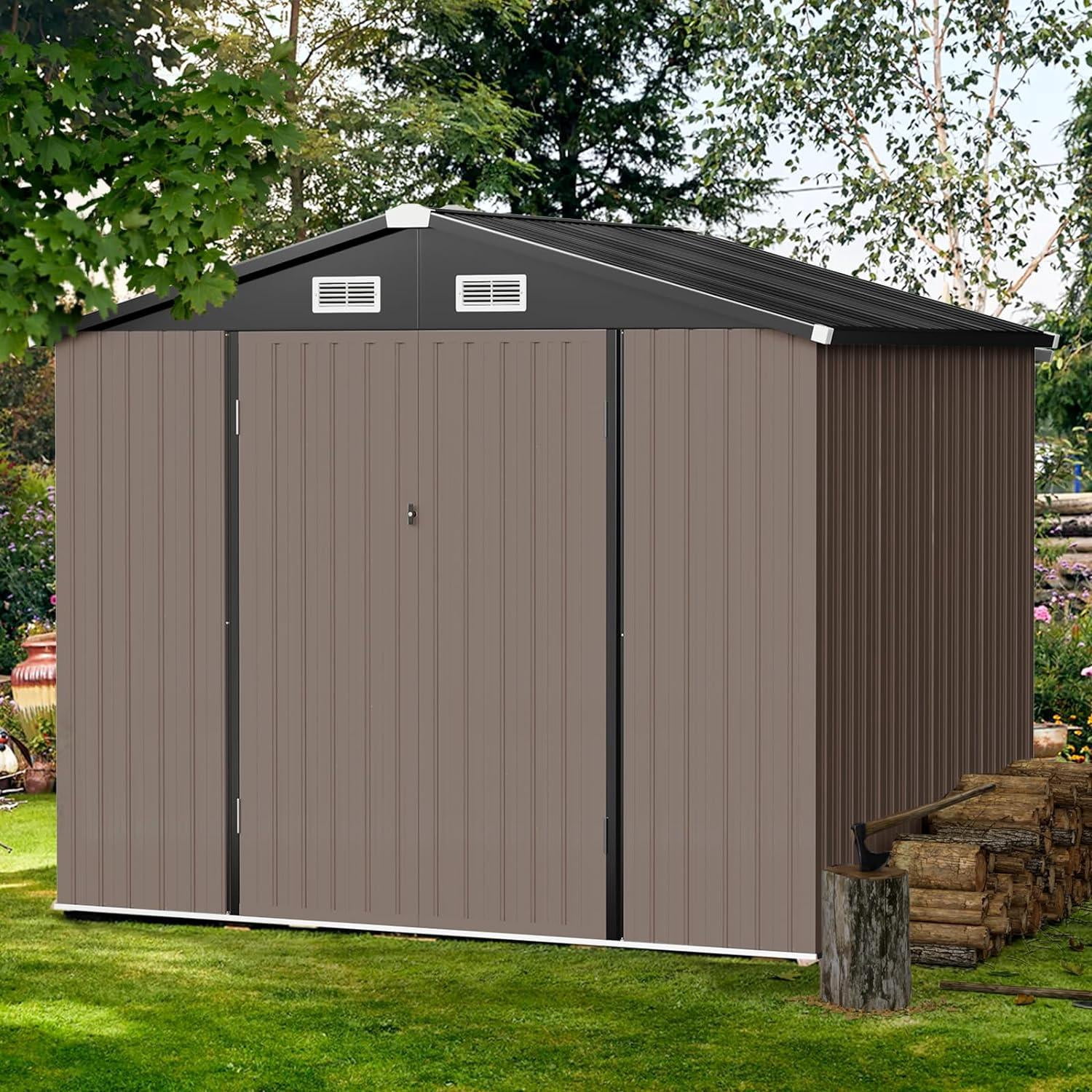 Outdoor Storage Shed, 8.5x5.6 FT, Metal Storage Shed with Door & Lock, Steel Utility Tool Shed with Base Frame for Backyard Garden Patio Lawn, Brown