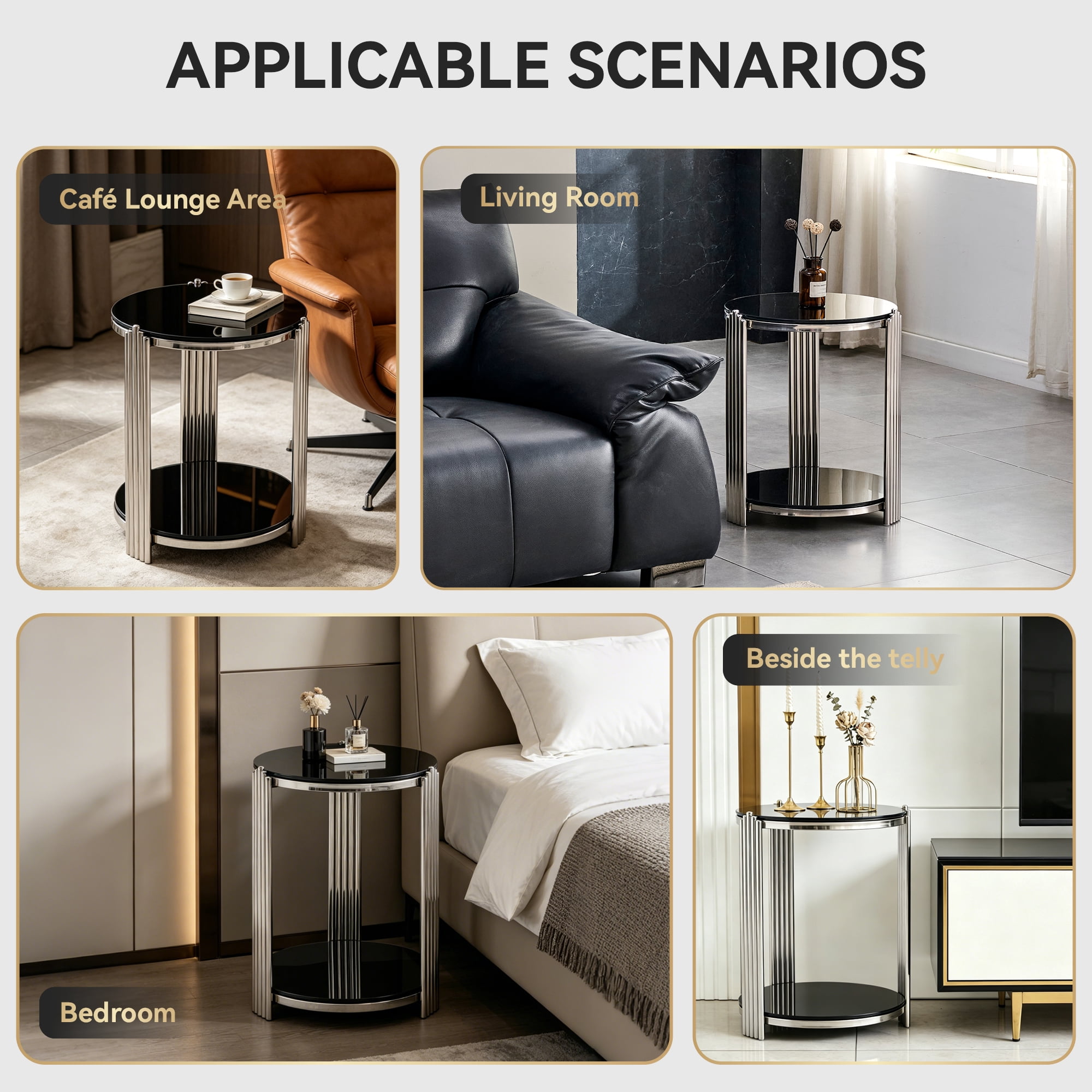 16.90 Inch Modern End Table, Bedside Table, Double-Layer Tempered Black Glass & Silver Stainless Steel Frame Living Room Table, Round Table