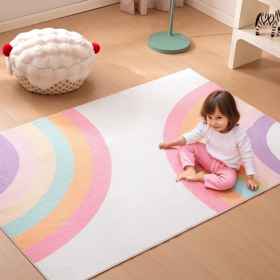 Sonive Kids Rugs for Playroom, Area Rug for Boys and Girls Bedroom, Washable Nursery Carpet, Colorful Rainbow Design, 3×5 Feet