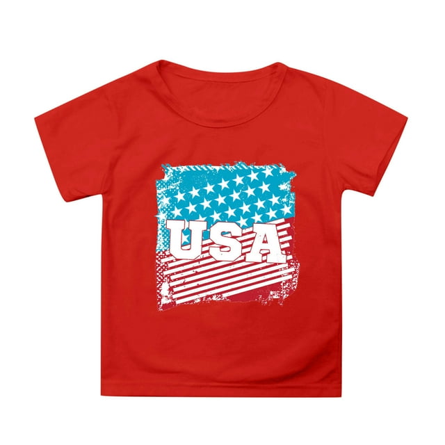 NINGMENG Hauts et T-Shirts pour Filles Tout-Petits Imprimé Drapeau Jour de l'Indépendance 4 Juillet Col Rond Manches Courtes Chandail T-Shirts Extérieur, Rouge, 3-4 Ans