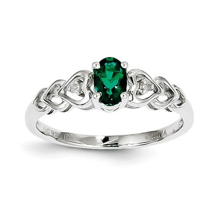 Emerald May Birthstone Ring - Sterling Silver Created Emerald & Diamond Ring. Carat Wt- 0.02ct. Gem Wt- 0.4ct