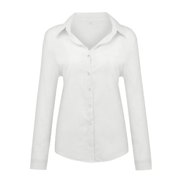 Tops de mujer camisetas de manga larga camisas con botones de lino y algodon blusa tipo tunica fina con cuello en V para mujer camiseta basica camiseta de trabajo de oficina OL
