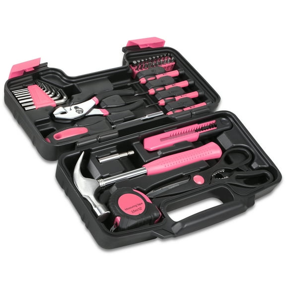 39Pcs Home Repair Hand Tool Set Toolbox Bit Drive Plier Hammer Scissor Hex Key Househeld Garage Garden Office DIY Pink