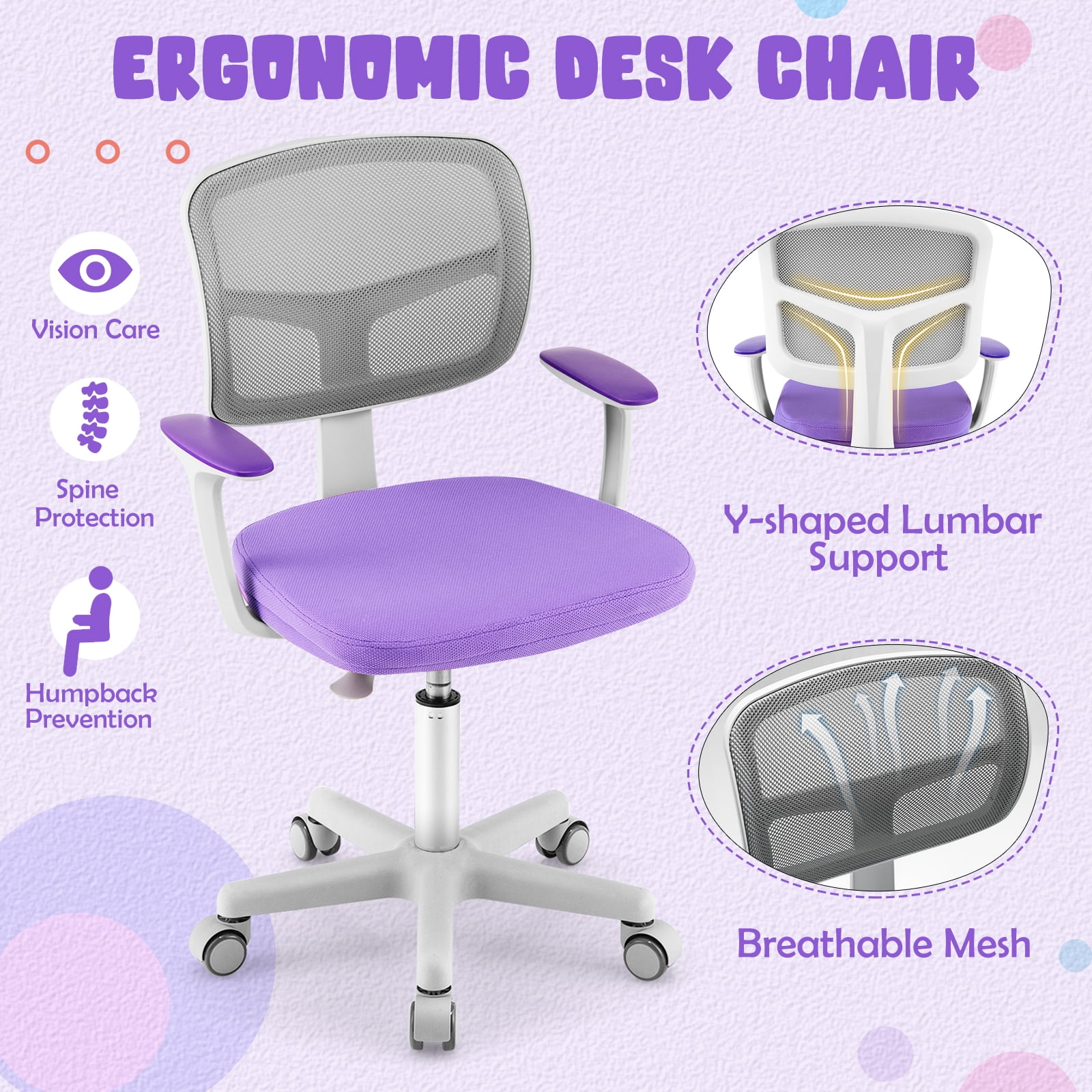 Gymax Kids Desk Chair Adjustable Height Children Study Chair w/Auto Universal Casters Purple