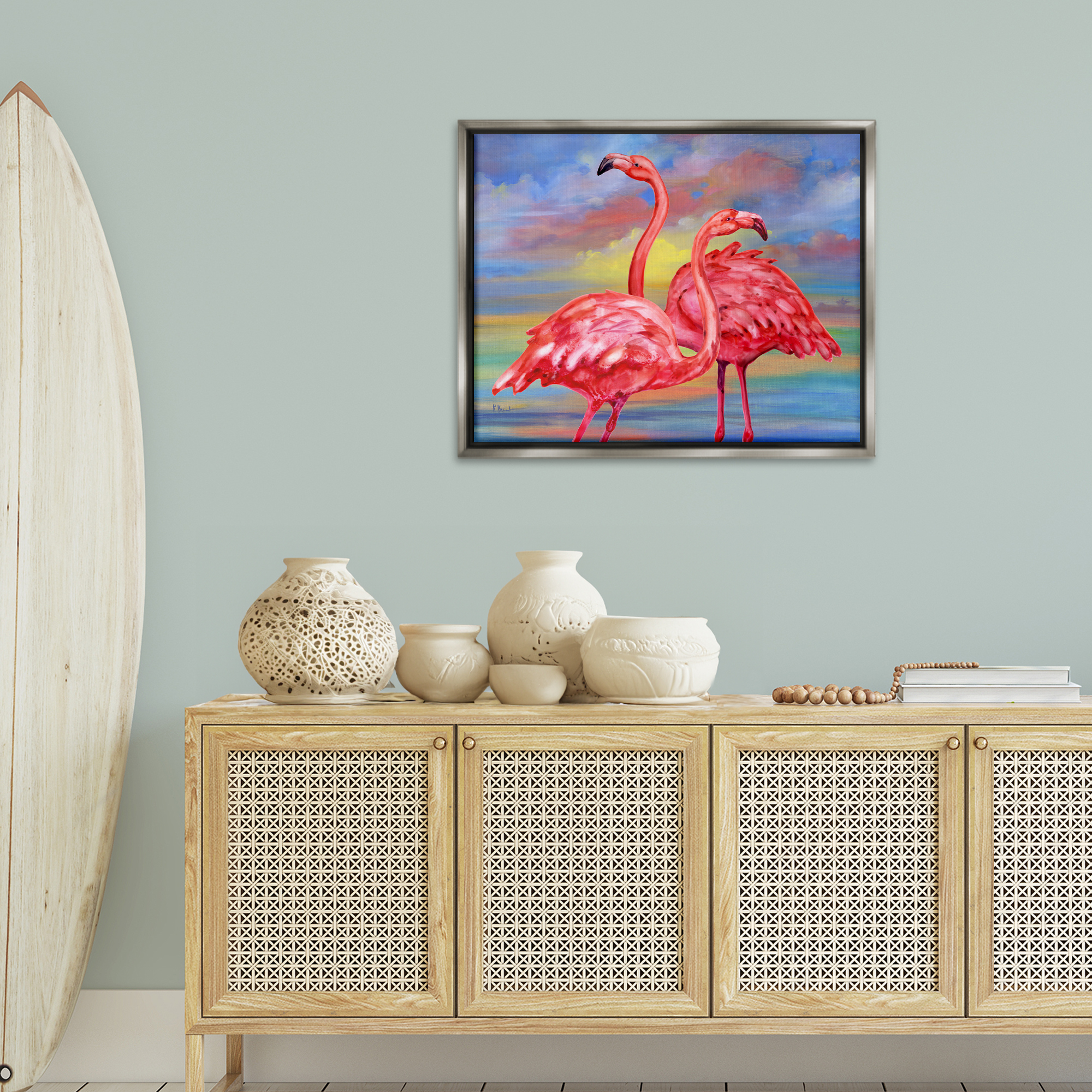 Stupell Industries Rainbow Sunset Flamingos Animals & Insects Painting Gray Floater Framed Canvas Art Print Wall Art, 31 x 25
