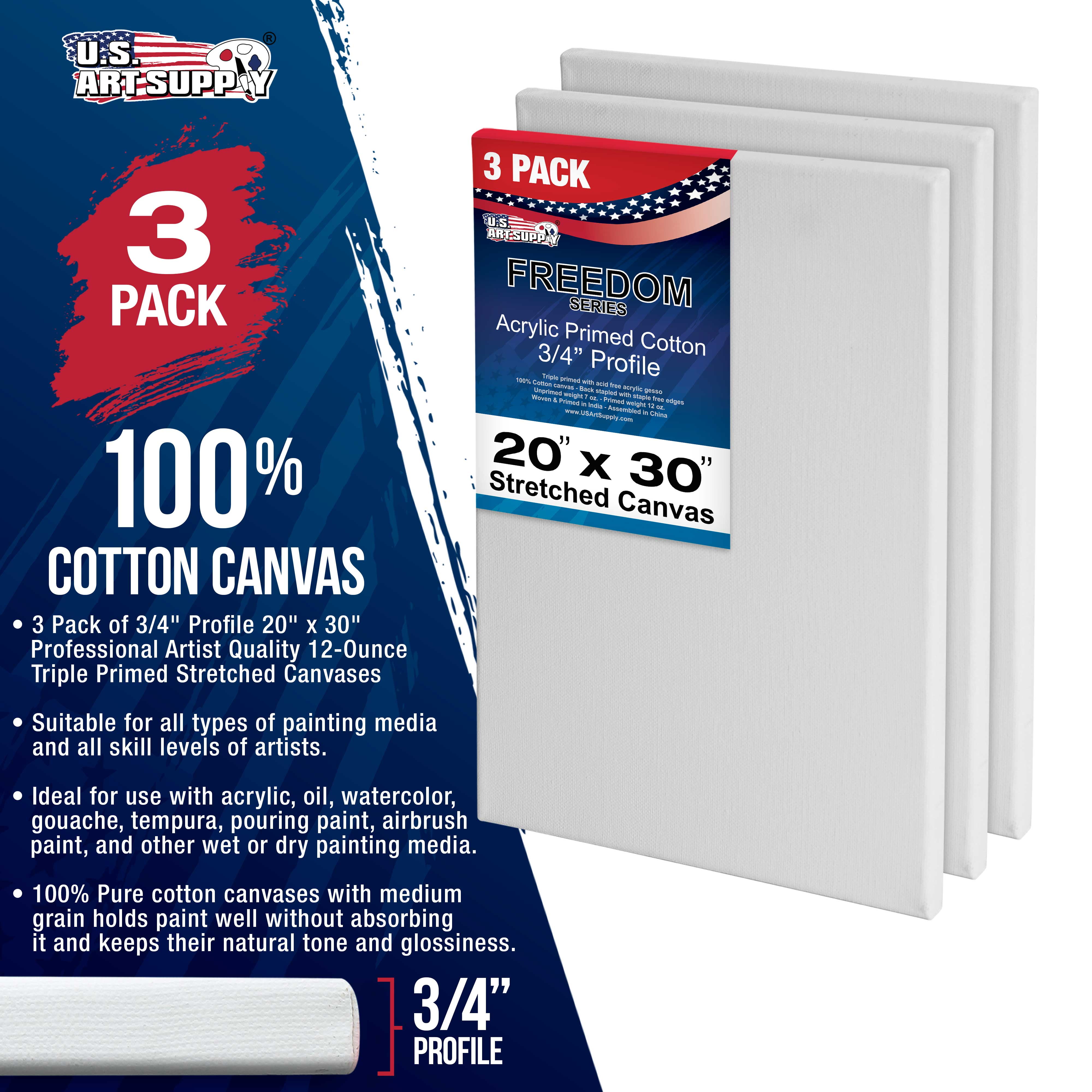 U.S. Art Supply 20 x 30 inch Stretched Canvas 12-Ounce Triple Primed, 3-Pack - Professional Artist Quality White Blank 3/4" Profile, 100% Cotton, Heavy-Weight Gesso - Acrylic Pouring, Oil Painting