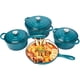 thumbnail image 1 of Juego de utensilios de cocina de hierro fundido esmaltado antiadherente QuliMetal, 7 ollas y sartenes con tapa, sartén, cacerola, horno holandés saludable para hornear pan de masa madre, apto para hor, 1 of 5