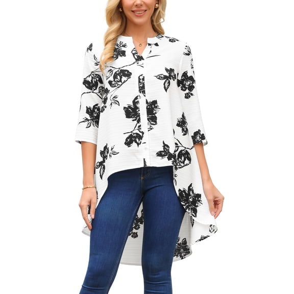 INSPIRE CHIC Women's High Low Tops 3/4 Sleeve V Neck Floral Asymmetrical Loose Button Down Shirt Dressy Casual Blouse S White
