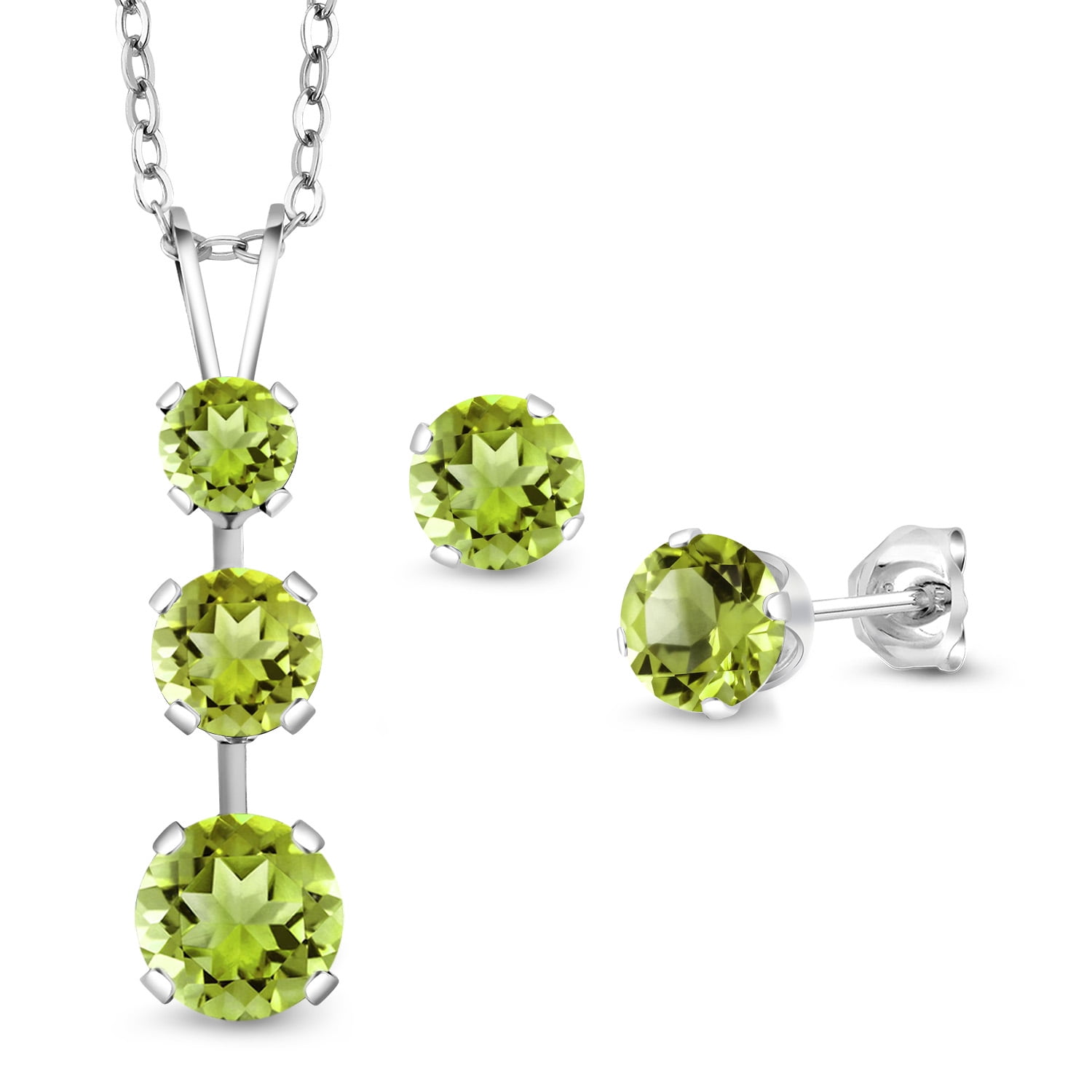 Gem Stone King 925 Sterling Silver Green Peridot Pendant and Earrings Jewelry Set for Women (2.95 Cttw, Gemstone August Birthstone, with 18 inch Chain)