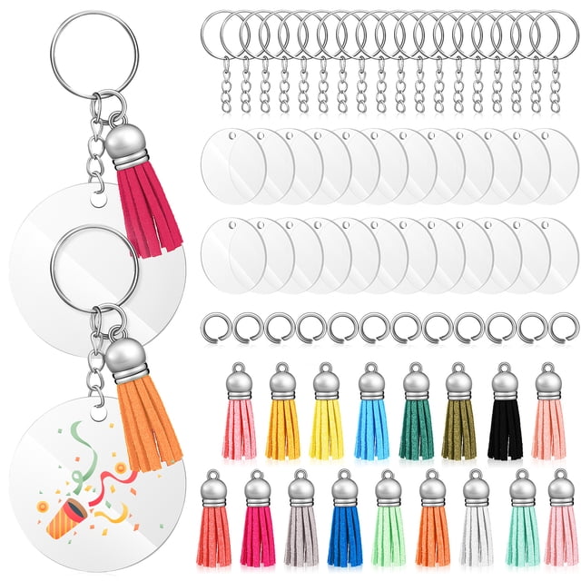 120 Pcs Acrylic Keyring Blanks with Tassels Accessories Clear Blank Acrylic Board Pendants Jump Rings for DIY Projects Crafts