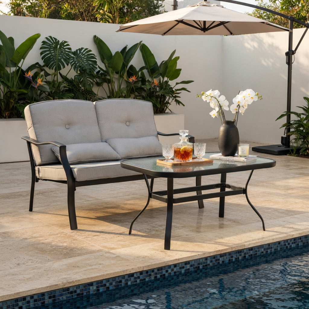 Hommoo Outdoor Loveseat Set with Tempered Glass Coffee Table, Metal Frame, Cushions, Heavy-Duty Patio Seating for Backyard, Poolside & Balcony, Gray