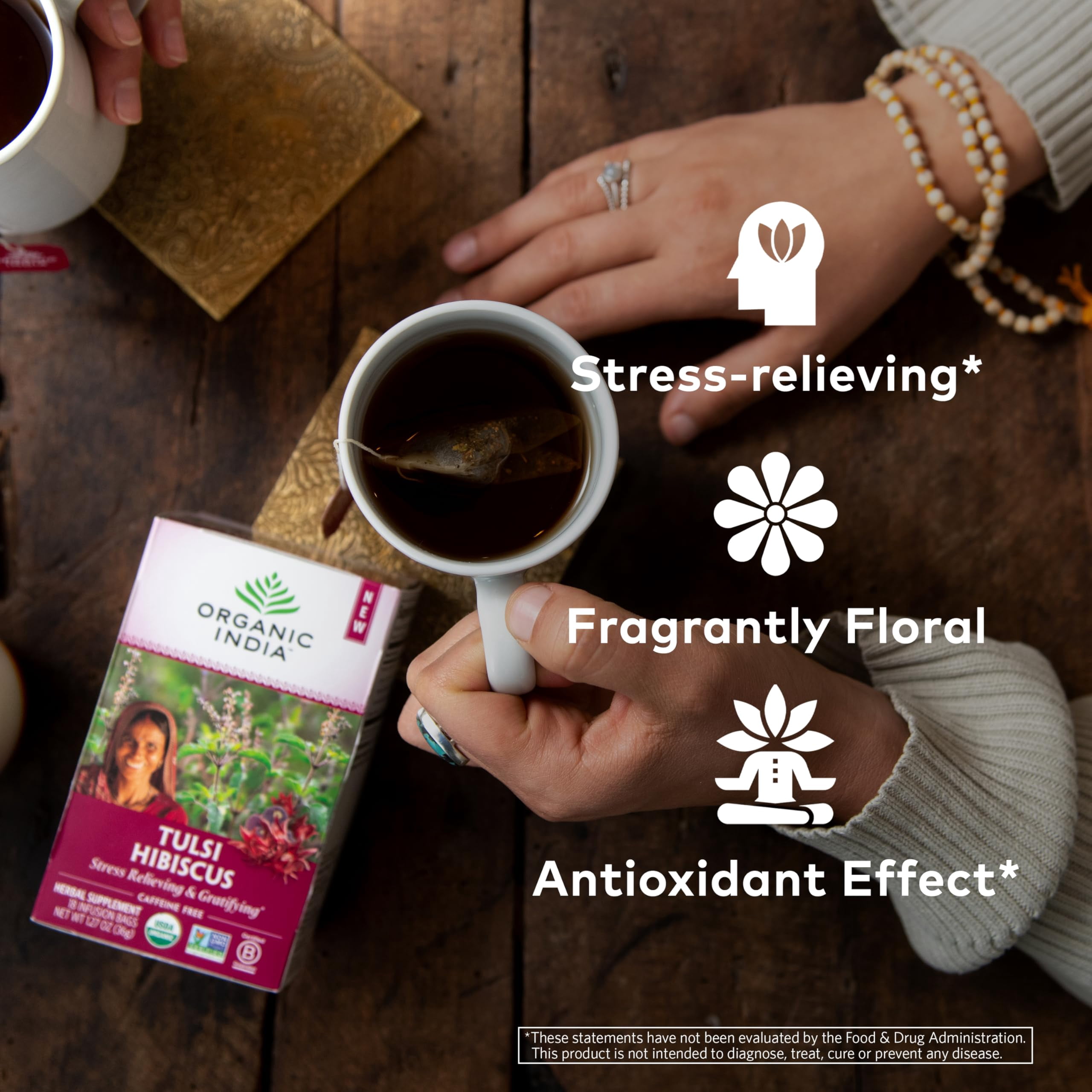 Organic India Tulsi Hibiscus Tea Bags - Holy Basil Herbal Tea, Stress Relieving, Immune Support, USDA Organic, Calming, Caffeine Free- 18 Bags, 6 Pack