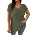 thumbnail image 2 of Fartey Women's Plus Size Summer Tops = Ribbed Knit Short Sleeve Shirts Dressy Casual V Neck Tunic Tops Slim Fit Going Out Blouses Army Green XXXXXL, 2 of 7