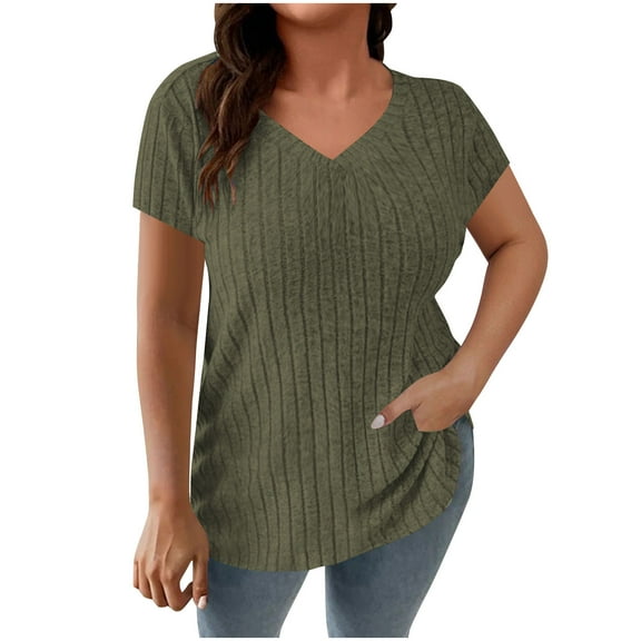 Hvyesh Plus Size Tops Women V Neck Tunic Shirts Casual Knit Short Sleeves T Shirts Slim Fit Solid Sweaters