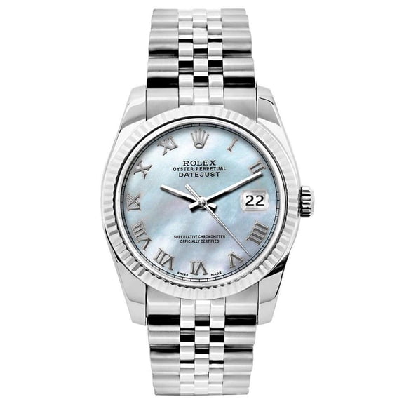 Pre-Owned Rolex Datejust 26MM 6916 Blue Mother of Pearl Roman Dial Fluted Bezel Stainless Steel Jubilee Bracelet