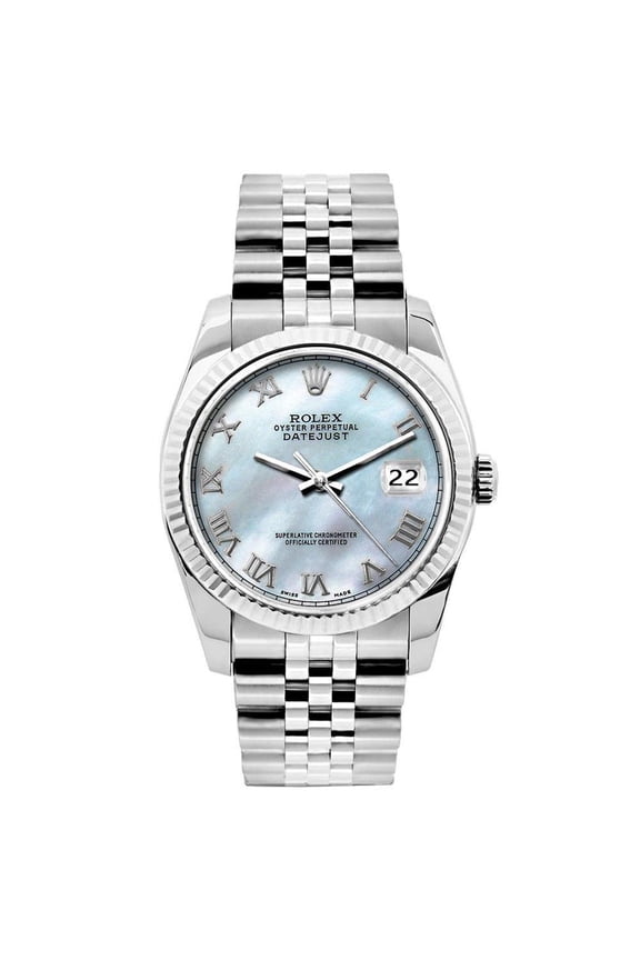 Pre-Owned Rolex Datejust 26MM 6916 Blue Mother of Pearl Roman Dial Fluted Bezel Stainless Steel Jubilee Bracelet
