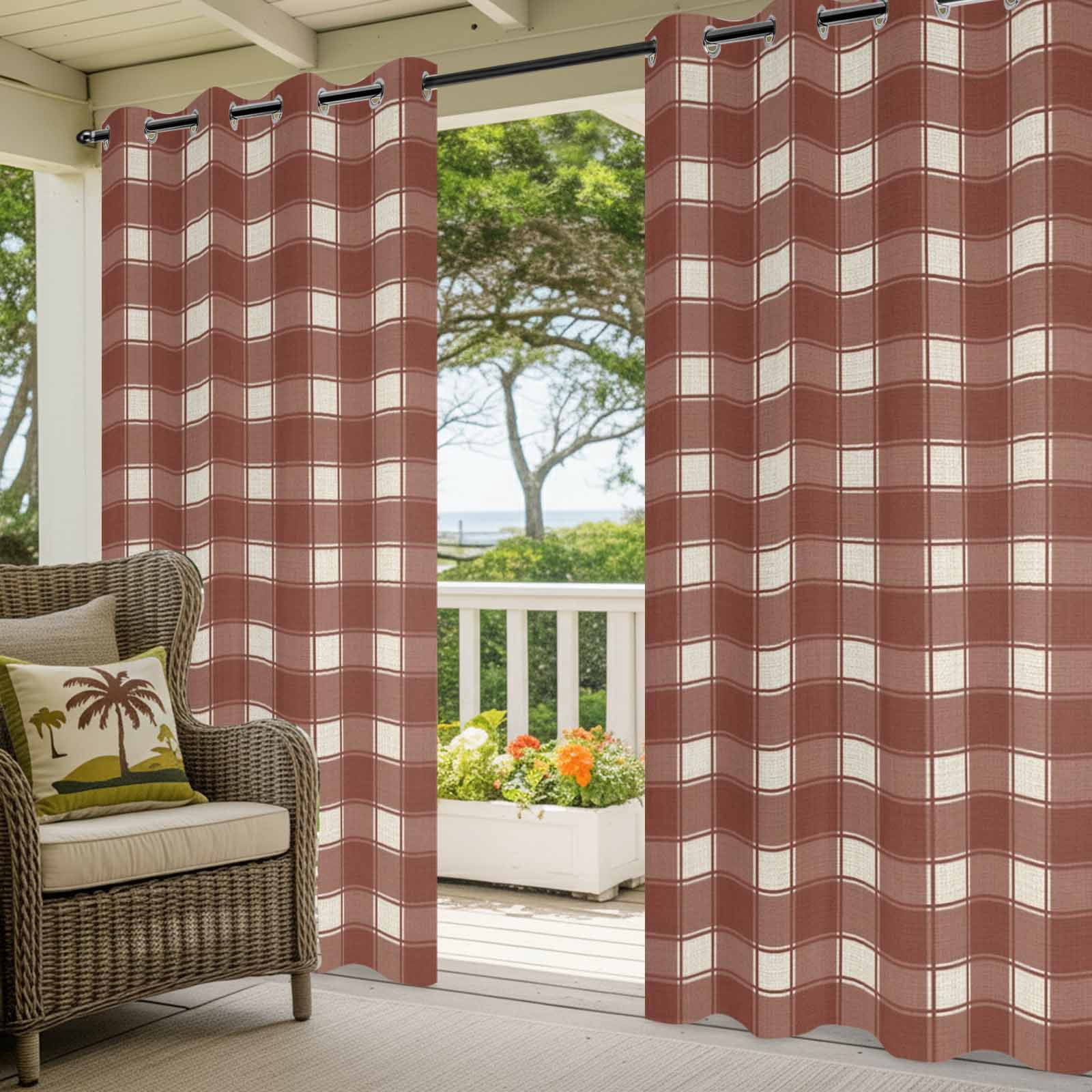 Vintage Red Brown Plaid Outdoor Curtains for Patio, Country Pastoral Farmhouse Checkered Plaid Sunshade Privacy Drapes Grommet Waterproof Outside Curtains for Porch/Cabana/Balcony 54"x 108", 1 Panel